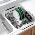 Apartment RV Small Dish Drainer Drying Rack Over The Sink In Stainless Steel for Narrow Kitchen, Counter Space Saving Compact Expandable Metal Plate Dryer Strainer, Black Adjustable Wire Drain Holder