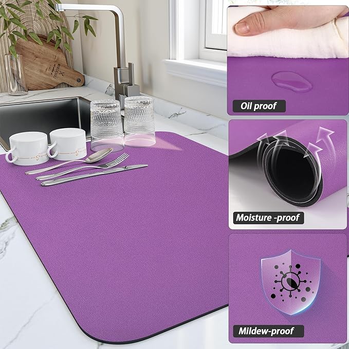 HotLive Dish Drying Mat for Kitchen Counter, Heat Resistant Drainer Mats with Non-slip Rubber Backed, Hide Stain Kitchen Super Absorbent Draining Mat, Easy to Clean Dish Rack Pad, Purple 18"x32"