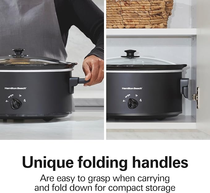 Hamilton Beach 7 Quart Slow Cooker with Space-Saving Folding Handles, 3 Heat Settings, Dishwasher Safe Stoneware Crock and Glass Lid, Black (33174)