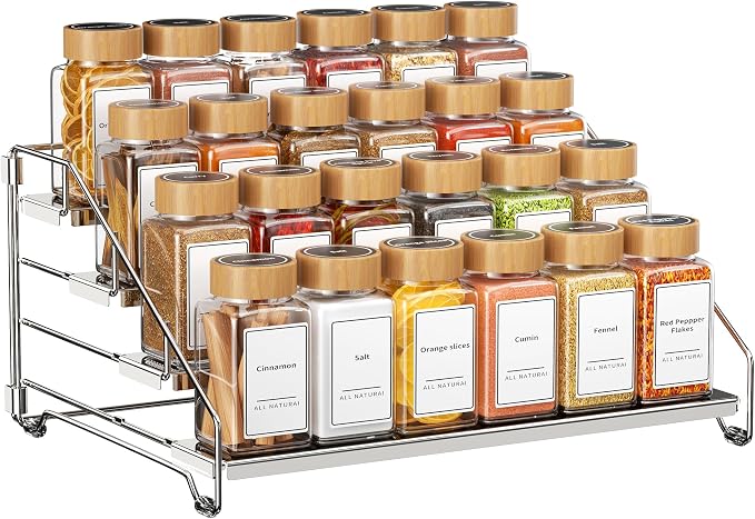 BOIVSHI Spice Organizer, 4 Tier Spice Rack Organizer for Cabinet, Adjustable Depth Spice Shelf for Countertop, Heavy Duty Seasoning Organizer for Cabinet, Counter, Pantry, Cupboard - Chrome,1 Pack