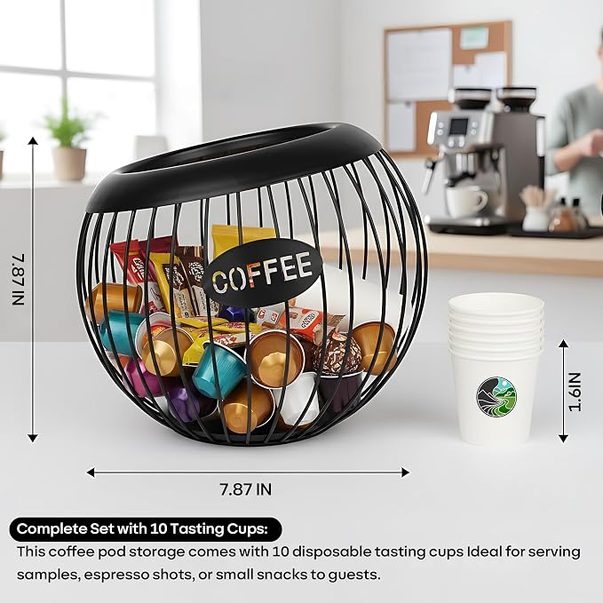 Hemisphere Coffee Pod Holder, Black Cof Station, Iron Capsule Organizer with Angled Opening, Includes 10 Tasting Cups, Kitchen Counter, Office