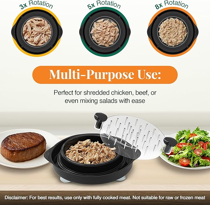 SIHAYA Large Chicken Shredder Tool Twist – 11 Inch, Suction Cups, Visible Lid, Removable Tray, Tongs & Brush – Strong and Food Grade Safe for Chicken, Birria, Beef – Dishwasher Safe