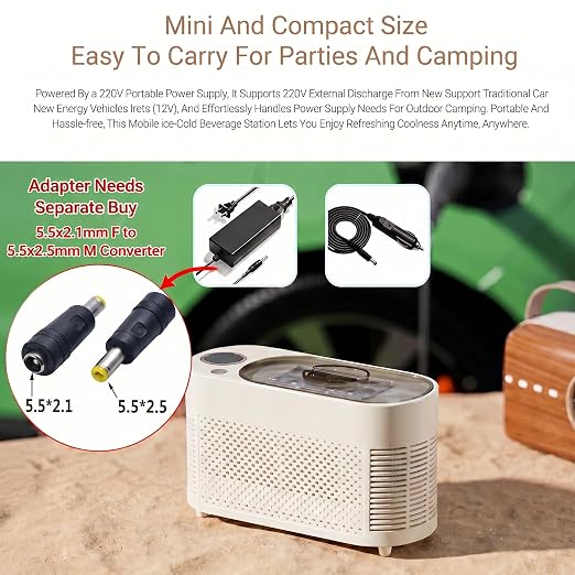 Portable Ice Maker, 12V DC Mini Car Ice Maker, Makes 10 Cubes in 15-20 Mins, with Cigarette Lighter for Trips, Camping(Adapter Needs Separate Buy 5.5x2.1mm F to 5.5x2.5mm M Converter) （White）