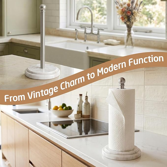 KES Anti-Slip Marble Paper Towel Holder Countertop with 2X Weighted Base, Rustproof 18/8 Stainless Steel Freestanding Paper Towel Roll Holder for Kitchen, Antique Brushed Steel, KPH208-2