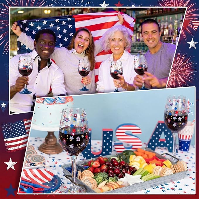 SiliFine 4 Pcs 4th of July Party Stemmed Wine Glasses Hand Painted USA Star Drinking Cup Wine Glasses Gifts for Independence Day Patriotic Theme Holiday Supplies