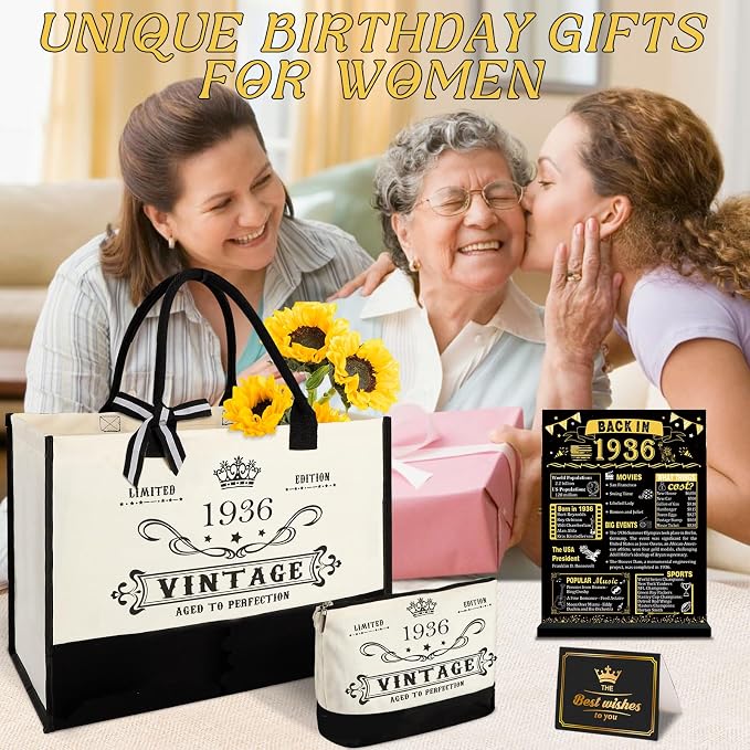 YeohJoy 90th Birthday Gifts for Women Canvas Tote Bag Travel Gear, Unique 90 Years Old Birthday Gifts for Mom Wife Aunt Friends Her, Vintage 1936 Handbag & Cosmetic Bag & Back in 1936 Poster