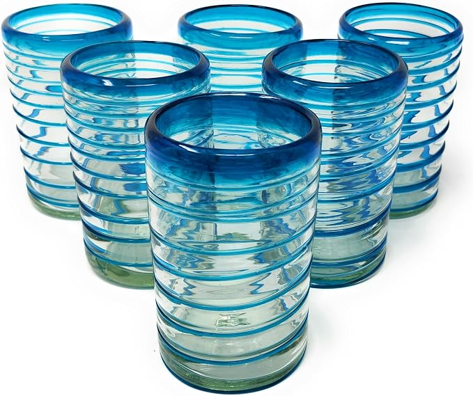 Dos Sueños Hand Blown Mexican Drinking Glasses – Set of 6 Glasses with an Aqua Spiral Design (14 oz each) …