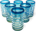 Dos Sueños Hand Blown Mexican Drinking Glasses – Set of 6 Glasses with an Aqua Spiral Design (14 oz each) …