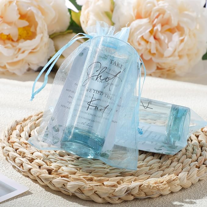 Sliner 24 Set Wedding Favors for Guests Bulk 2oz Acrylic Take a Shot We Tied the Knot Shot Glasses with Thank You Cards Organza Bags for Guest Souvenir Wedding Bridal Shower Gifts (Blue,Black)