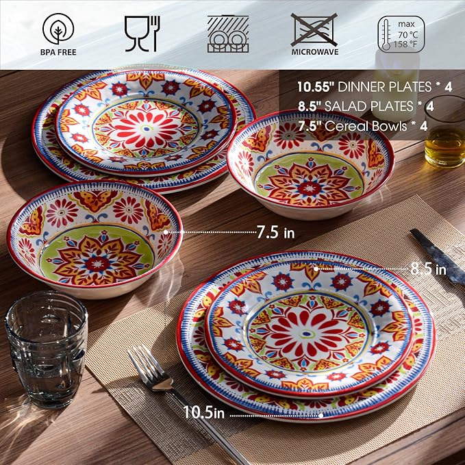 Premium Melamine Dinnerware Sets for 4, 12-Piece Plates and Bowls Sets, Shatterproof & Lightweight Dish Set for Indoor and Outdoor Use, Dishwasher Safe, Red