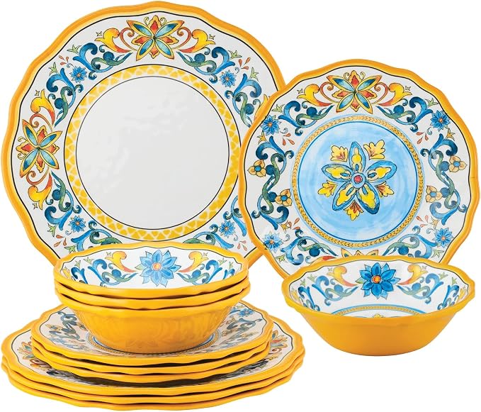 UPware 12 Piece Chianti Melamine Dinnerware Sets, Outdoor Dishes Set, Plates and Bowls Sets, Service for 4, Multicolor