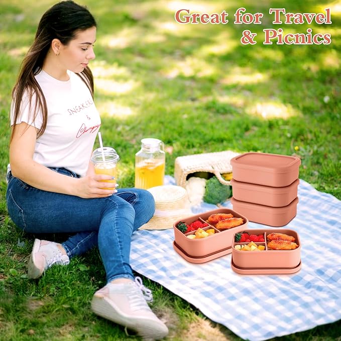 Honeydak 4 Pcs Silicone Bento Box for Adults, 3 Compartment Lunchable Food Container for Women Men, Leak Proof Microwave Dishwasher Freezer Safe (Orange)
