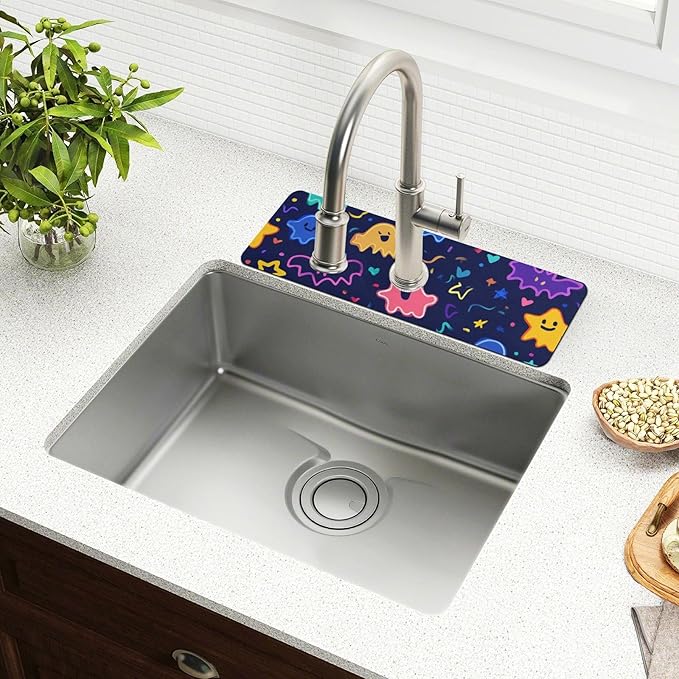 Kitchen Sink Splash Guard 1 PC 14.7 Inch Sink Faucet Mat Splash Guard for Bathroom Countertop Water Absorbent Foldable Cuttable Soft Washable Halloween Neon Ghosts Stars and Bats