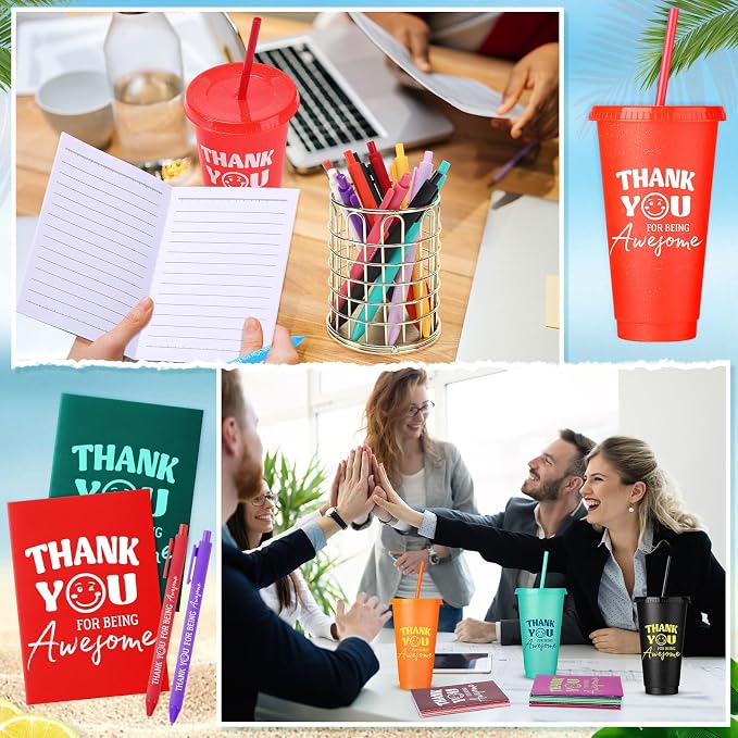 Feifeiya 72 Pcs/ 24 Set Thank You Supplies Bulk 24 oz Staff Coworker Appreciation Tumbler with Lids and Straws Motivational Pens Inspirational Notepads Set Plastic Cups Gift, Thank Cup