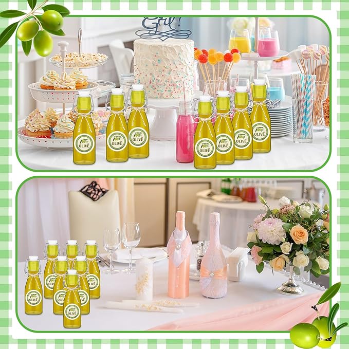 Queekay 20 Pack Mini Swing Top Glass Bottles for Vanilla Extract Homemade Olive Oil Bottles with Lids Airtight Cap Lids Labels for Wedding Baby Shower Favors(5.07 oz,Clear)