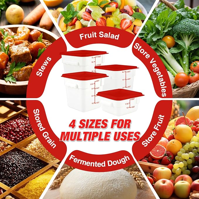 Square Food Containers with Lids 4-Pack, Commercial Grade Plastic Bins for Restaurant Kitchen Pantry Storage, Freezer & Dishwasher Safe (Red, 2QT-4PACK)