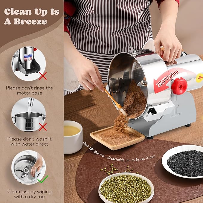 Moongiantgo 2500g Grain Mill Grinder Commercial Spice Grinder 3600W Stainless Steel Electric Pulverizer Dry Grinding Machine for Wheat Corn Rice Pepper Herbs Coffee Beans (2500g Swing, 110V)