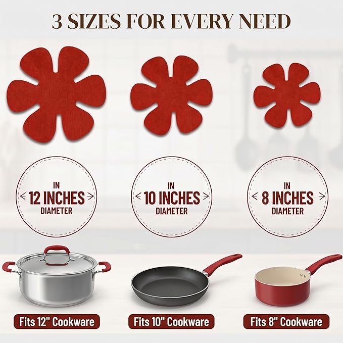 Evelots Pot and Pan Scratch Protectors for Stacking -12 Pack- Ceramic, Glass Cookware Divider, Nonstick Pad -Soft Anti-Slip Felt Separator - No Scratching or Marring When Stacking - 3 Convenient Sizes
