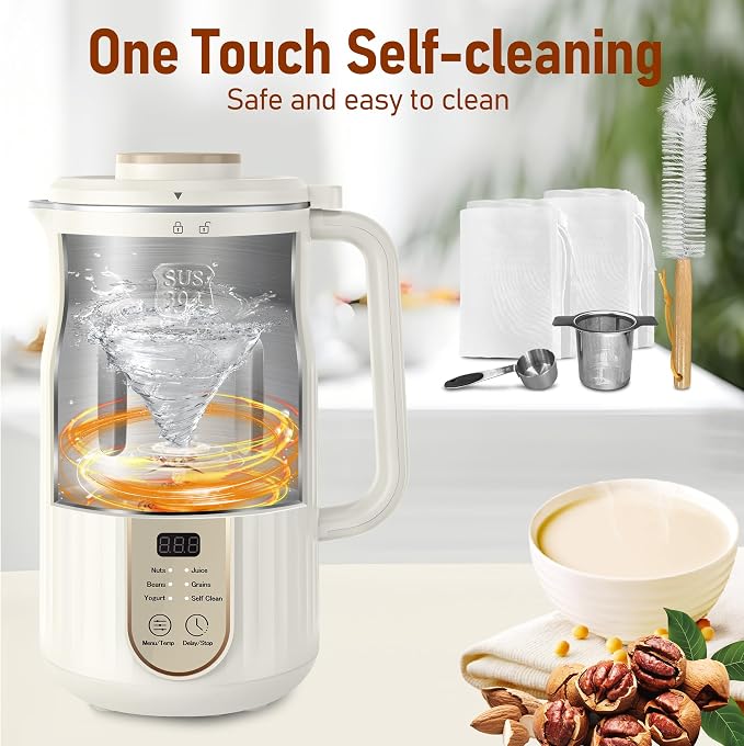 Nut Milk Maker, AlfaBot N2 Automatic Almond Milk Machine for Homemade Plant-Based Milk, Oat, Soy, Yogurt, 5 Modes/35OZ Big Capacity Soy Milk Maker with Delay Setting and Self Cleaning (White) | 5 Preset Modes, 12-Hour Delay Timer, for Almond, Soy, Oat,...