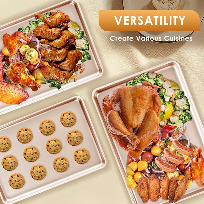 Baking Sheet Pan Set of 3, Nonstick Commercial Cookie Sheets for Baking | Commercial Half/Quarter/Jelly Roll Pans Replacement Toaster Oven Tray, Heavy Duty & Easy Clean