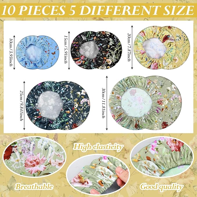 Patelai 10 Pcs Bowl Covers Reusable in 5 Size Stretch Cloth Fabric Elastic Food Storage Bowl Covers Bread Sourdough Lids for Proofing Food Fruits Leftover (Colorful,Rich Flowers)