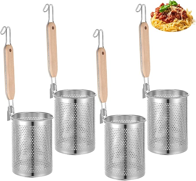 4pcs Pasta Strainer 15'' × 5.5'' Stainless Steel Pasta Basket Mesh Cooker with Wood Handle Kitchen Mesh Spider Noodle Strainer Skimmer for Boiling Food Dumpling Noodle Blanching Basket