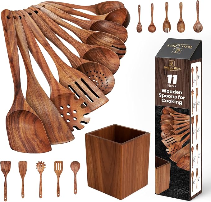Wooden Spoons for Cooking, 11 PCS Teak Wood Utensil Set with Holder – Heat Resistant, Nonstick Safe, Smooth Finish, Lightweight & Durable Kitchen Tools