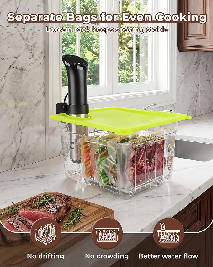EVERIE 12Qt Sous Vide Container Set w/Collapsible Lid + Lock-In Divider Rack (RACK04) – Keeps Bags Separated & Submerged, Fits Most Clamp-Style Circulators