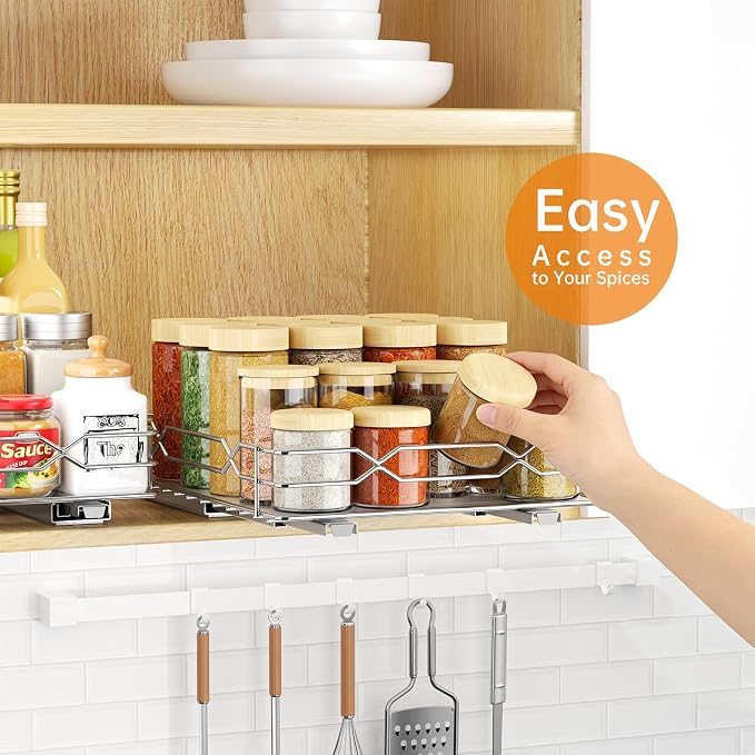 Pull Out Spice Rack Organizer for Cabinet, Slide Out Spice Organization for Cabinet Storage for Spices, Bottles & Jars, Sliding Spice Shelf for Narrow Kitchen Cabinets, Pantry, 8.5"W x 10.5"D x 2.5"H