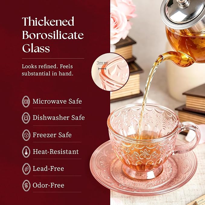 Handcrafted Vintage Glass Coffee Cup and Saucer Set, 12 oz Large Tea Cup with Round Saucer for Coffee, Latte, Tea & Home Cafe, Gift for Women, Microwave & Dishwasher Safe, Rose Mist Pink