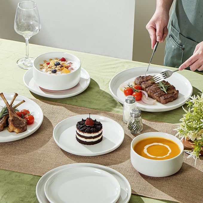 Ceramic Dinner Plates, 10.25 Inch, Set for 4, Elegant White | Flat Dish Design, Microwave & Dishwasher Safe, Perfect for Family and Entertaining, For Steak, Sandwiches, Pizza, Pasta