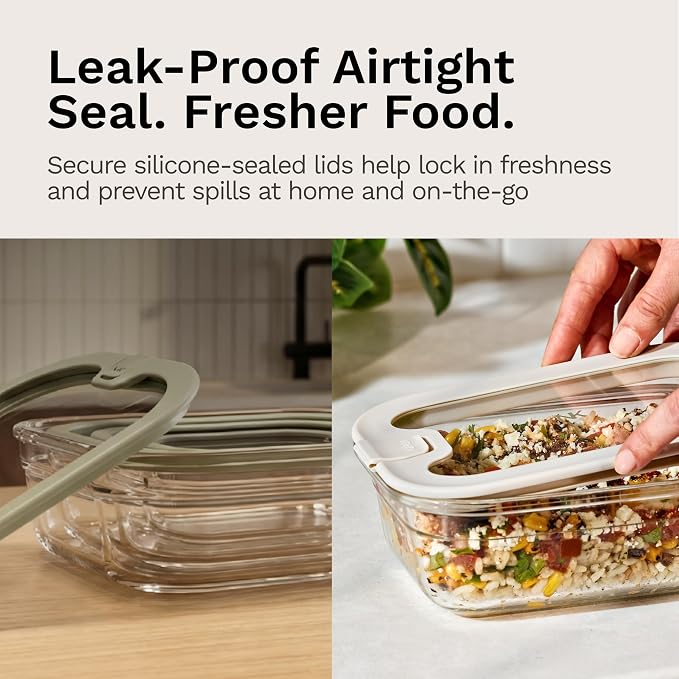 Naked Kitchen 8-Piece Food Storage Containers with Lids – Nesting Borosilicate Glass Meal Prep Containers with Leak-Proof Airtight Seal – BPA Free, Microwave, Oven, Freezer & Dishwasher Safe – Cream