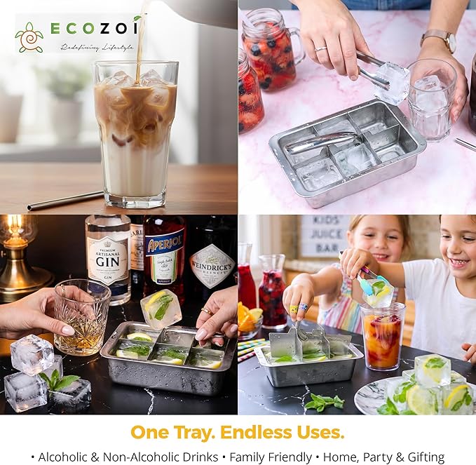 Ecozoi Stainless Steel Metal Ice Cube Trays With Easy Release Handle - 2 Pack | 12 Large Ice Cube Slots | Removable Slots For Easy Ice Cube Removal And Cleaning | Eco Friendly, Plastic Free