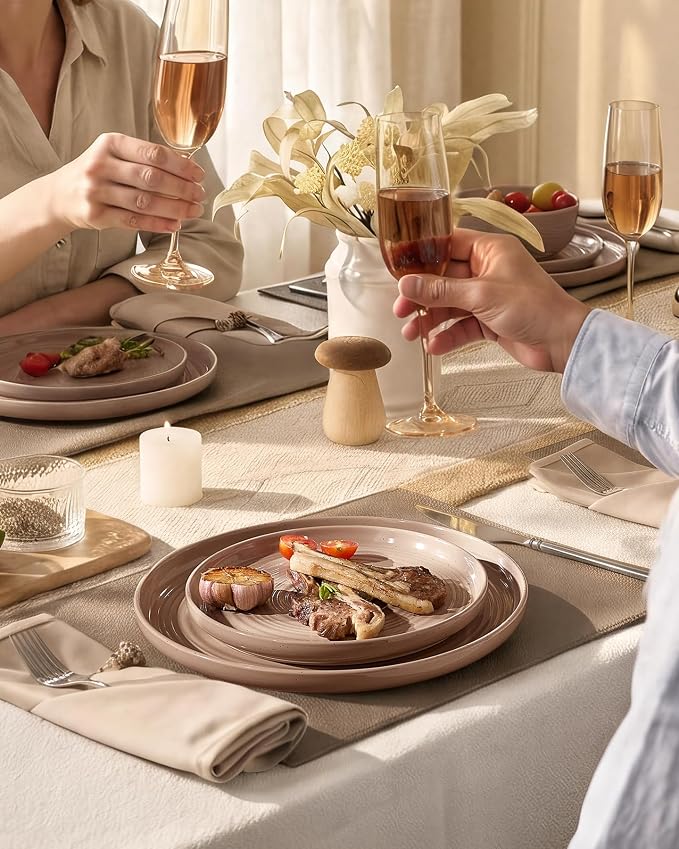 18-Piece Stoneware Dinnerware Sets for 6 - Coupe Plates and Bowls with Speckles & Spirals - Chip & Scratch Resistant, Microwave & Dishwasher Safe - Farmhouse Dishes - Gift Box, Brown