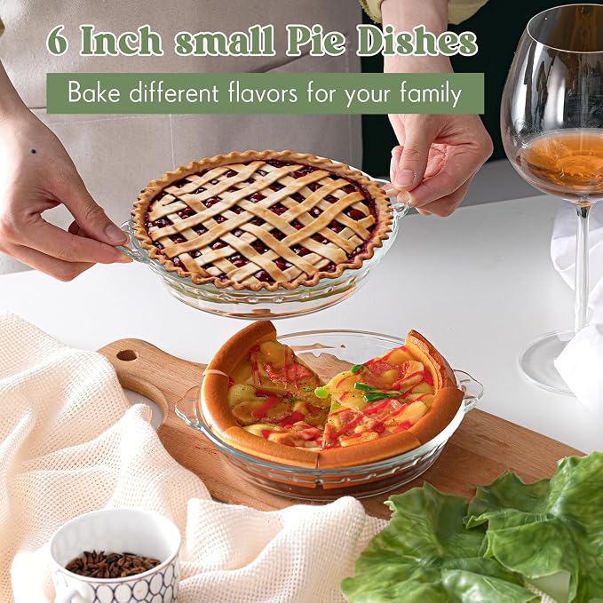 Uiifan 4 Pack 6 Inches Mini Glass Pie Pan for Baking 11.6 oz Clear Pie Plate with Handles Round Glass Dish for Baking and Serving, Snacks, Salads, Desserts