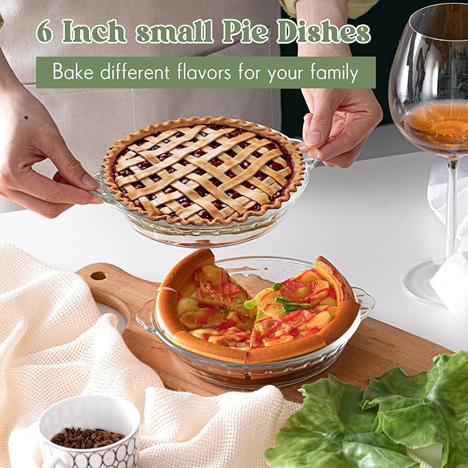 Uiifan 1 Pack 6 Inches Mini Glass Pie Pan for Baking 11.6 oz Clear Pie Plate with Handles Round Glass Dish for Baking and Serving, Snacks, Salads, Desserts