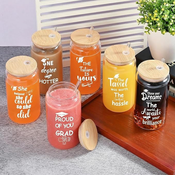 12 Set Graduation Gifts Glass Cups, Congratulations Graduate Cups with Lid Straw, 16oz Can Shaped Beer Glass Cups Inspirational Grad Gifts, College Master's Degree Graduation Party Supplies
