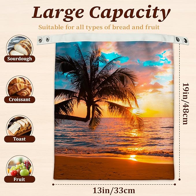 Bread Bags for Homemade Bread, Tropical Palm Sunset Trees Sea Beach 2 Pack Linen and Beeswax Sourdough Storage Bags, Reusable Keeper, Keeps Breads Fresh Longer, Gifts for Bakers