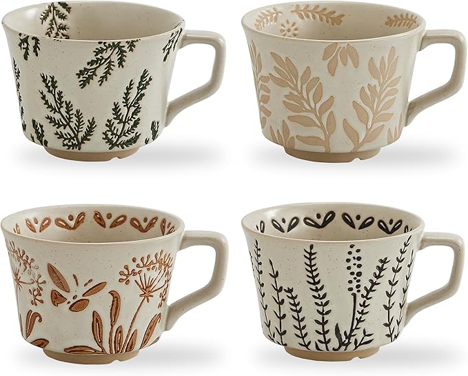 12 oz Vintage Ceramic Coffee Mug Set of 4 - Handmade Stoneware Pottery Countryside Farmhouse Fall Autumn Tea Mugs with Big Handle for Latte,Cocoa,Dishwasher & Microwave Safe Cups (Plants)