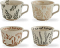 12 oz Vintage Ceramic Coffee Mug Set of 4 - Handmade Stoneware Pottery Countryside Farmhouse Fall Autumn Tea Mugs with Big Handle for Latte,Cocoa,Dishwasher & Microwave Safe Cups (Plants)