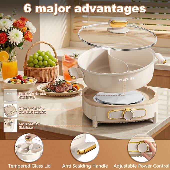 Dezin Hot Pot Electric with Divider, 6L Double-Flavor Shabu Shabu Pot, Dual Sided Removable Non-Stick Hotpot Pot Electric, 3" Depth Chinese Hot Pot with Multi-Power Control, Silicone Ladles Included