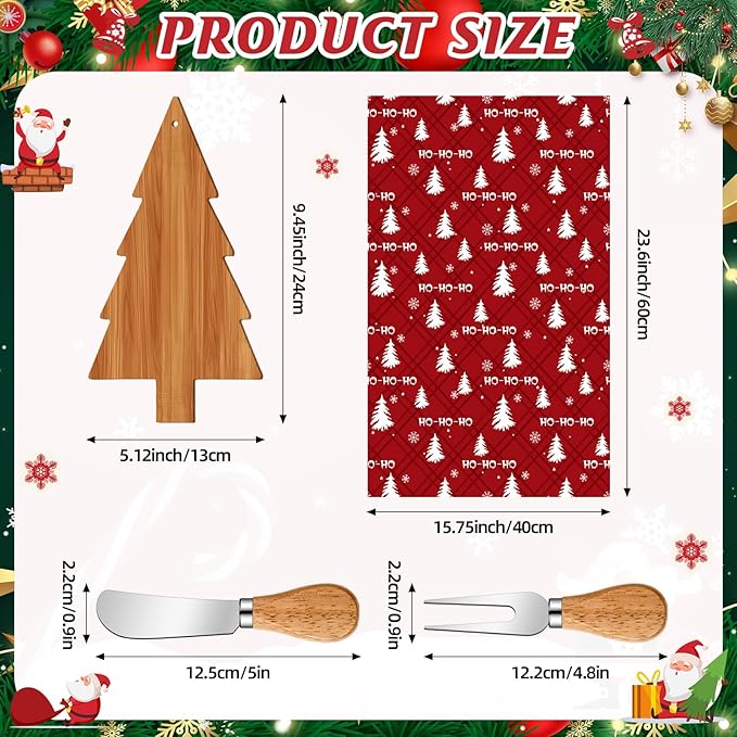 LemonRoad 1 Set Christmas Cutting Board Gift Christmas Tree Cutting Board with Knives Forks Kitchen Towels Merry Gift Tags Charcuterie Boards Bamboo Serving Tray for Xmas Birthday Party Favors