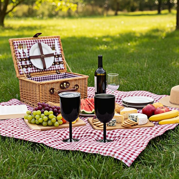 Yinder 8 Pcs Stemmed Stainless Steel Wine Glasses, 12 oz Stainless Wine Goblet with Lids Double Wall Insulated Unbreakable Goblets Insulated Stem Tumbler for Friendship Birthday Party (Black)