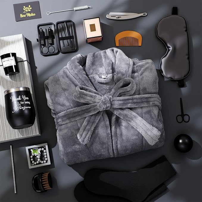 Nuogo 15 Pcs Birthday Gifts for Men Beard Care Set for Him Dad Birthday Gifts Basket Ideas Kit for Men Tumbler Bath Robe for Father's Day Dad Husband Boyfriend Box(Unhooded,Darkgray)