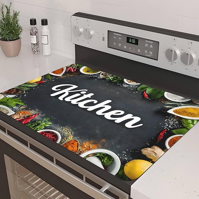 Decorative Stove Top Covers for Electric Stove 28"x20" – Heat Resistant Glass Cooktop Protector Dish Drying Mat – Non-Slip Rubber Backing Washer Top Cover Waterproof Extra Counter Space (Kitchen 5)