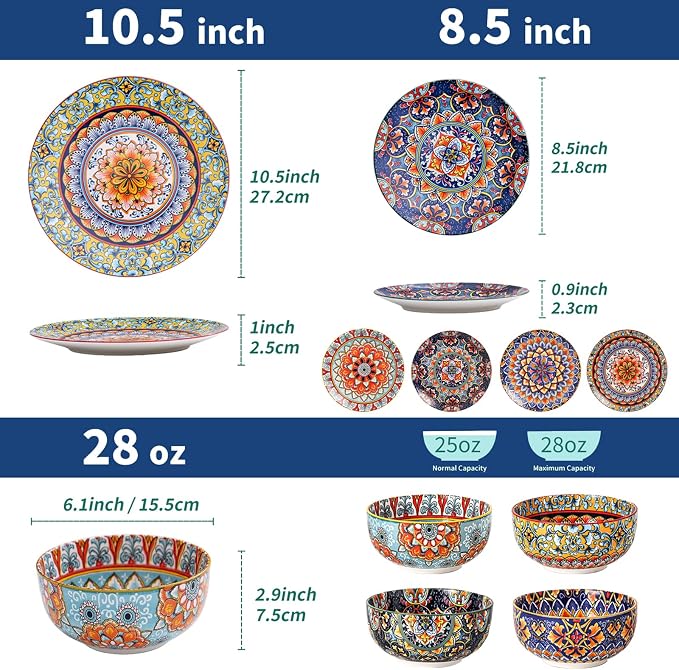 12-Piece Bohemian Porcelain Dinnerware & Dish Sets for 4 – Microwave & Dishwasher Safe, Scratch & Chip Resistant, Colorful Ceramic Plates & Bowls for Kitchen, Wall Decor & Housewarming Gift