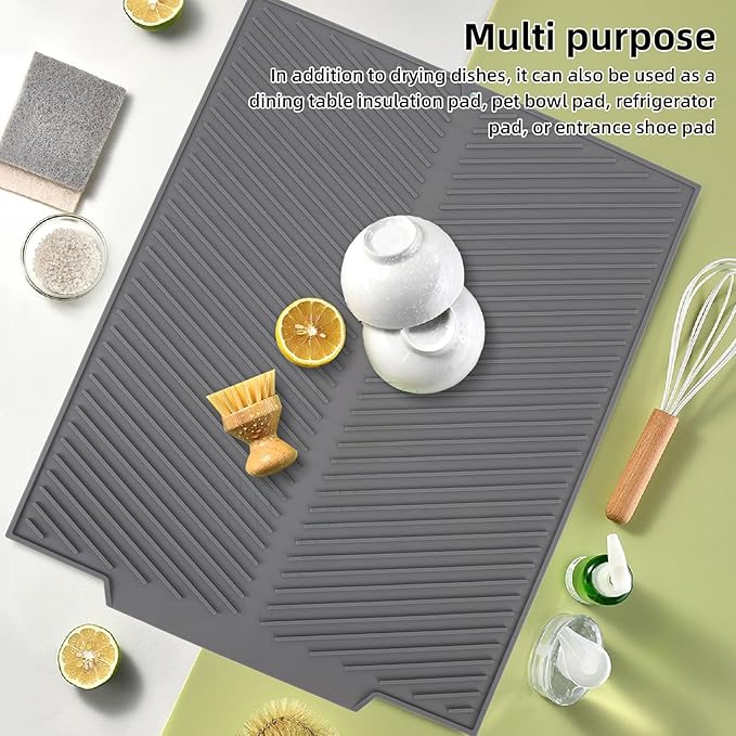 Draining Board Mat, Non Slip Silicone Dish Drying Mat Flume Drain Board Drainer Mat for Kitchen Countertop Tabletop Accessories (Gray)