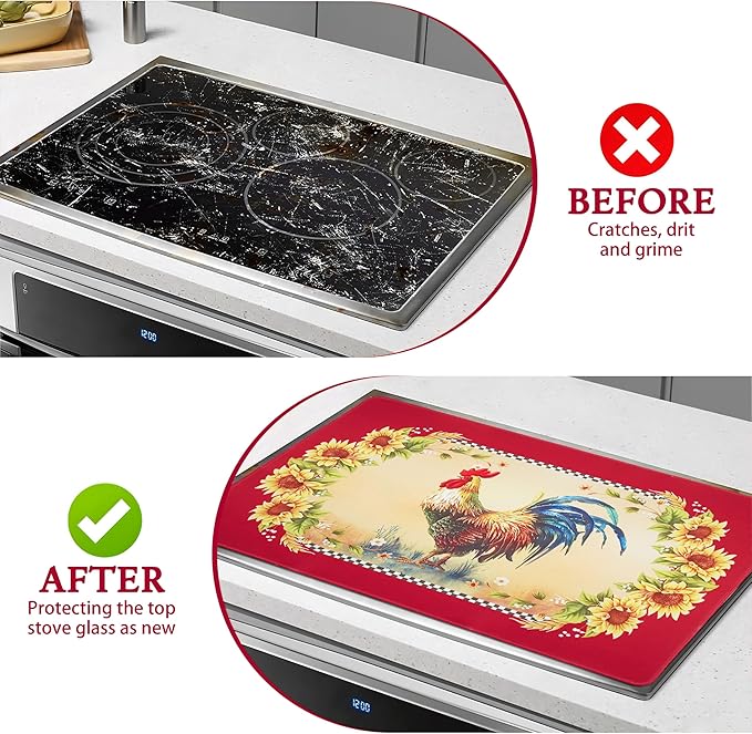 Farmhouse Rooster Stove Top Covers for Electric Stove 20x28 Inch Farmhouse Heat Resistant Glass Top Stove Cover Washable Foldable Cooktop Protector