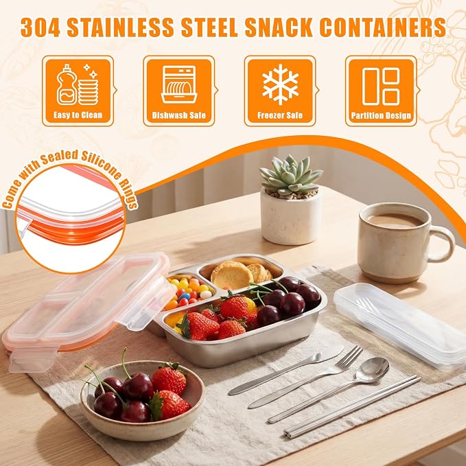 36 Pcs Stainless Steel Snack Container Set with Fork, Knife, Spoon & Chopsticks – 6 Pack 20.3 oz Leakproof Bento Snack Boxes, 2-compartment Food Storage Container for Fruit, Meal Prep & Travel