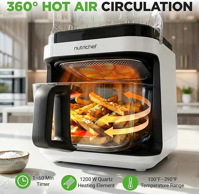 NutriChef 5.8 Quart Air Fryer | Glass Airfryer with 8-in-1 Digital Presets | Stainless Steel Fryer Design | Glass Fry Bowl with Flip-Up Safety Shield | Compact Air-Fryer for Even Cooking | White